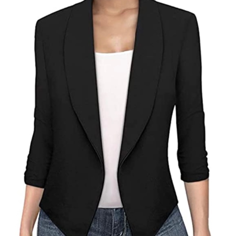 New Women’s Jacket Open Front Semi-Cropped Scrunch Sleeve Stretch Black Medium